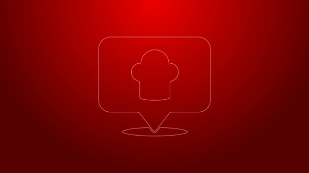 Green line Chef hat with location icon isolated on red background. Cooking symbol. Cooks hat. 4K Video motion graphic animation — Stock Video