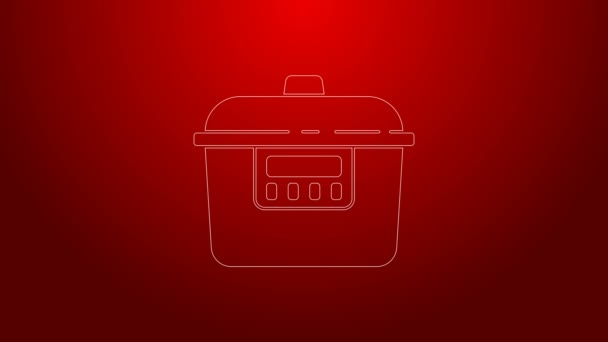Green line Slow cooker icon isolated on red background. Electric pan. 4K Video motion graphic animation — Stock Video