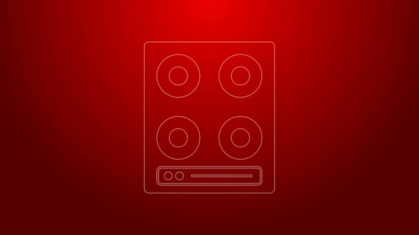 Línea verde Icono de estufa de gas aislado sobre fondo rojo. Signo de cocina. Hob con cuatro quemadores de círculo. Animación gráfica de vídeo 4K — Vídeos de Stock