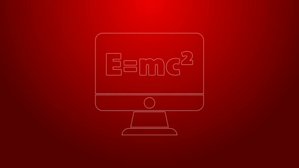 Zelená čára Matematický systém rovnice řešení na ikonu monitoru počítače izolované na červeném pozadí. E se rovná rovnici mc na druhou na obrazovce počítače. Grafická animace pohybu videa 4K — Stock video