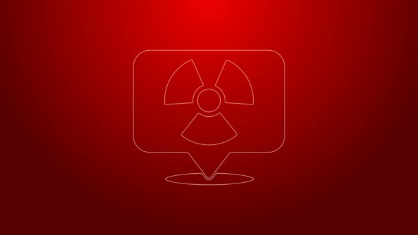 Línea verde Icono radiactivo en ubicación aislado sobre fondo rojo. Símbolo tóxico radiactivo. Señal de peligro de radiación. Animación gráfica de vídeo 4K — Vídeo de stock