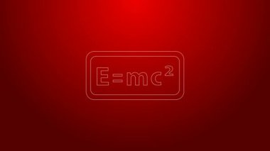 Yeşil çizgi matematik denklem çözümü simgesi kırmızı arkaplanda izole edildi. E eşittir bilgisayar ekranında mc kare denklemi. 4K Video hareketli grafik canlandırması