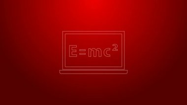Kırmızı arkaplanda izole edilmiş karatahta yeşil çizgi matematik denklem çözümü. E eşittir bilgisayar ekranında mc kare denklemi. 4K Video hareketli grafik canlandırması