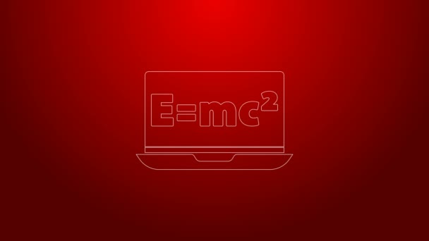 Zielona linia Matematyka systemu równania rozwiązanie na ikonie laptopa izolowane na czerwonym tle. E równa się mc kwadratowe równanie na ekranie komputera. 4K Animacja graficzna ruchu wideo — Wideo stockowe
