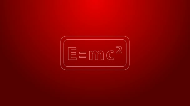 Grüne Linie Mathe-System der Gleichungslösung Symbol auf rotem Hintergrund isoliert. E entspricht der mc-Quadratgleichung auf dem Computerbildschirm. 4K Video Motion Grafik Animation — Stockvideo