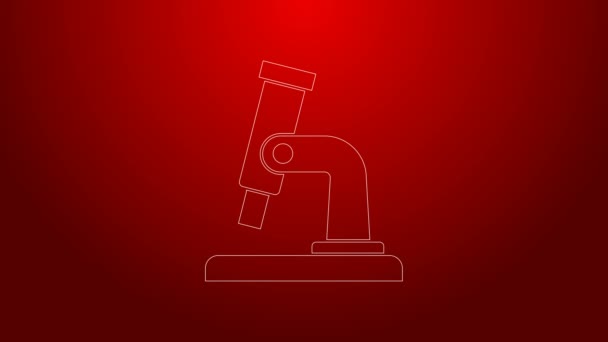 Green line Microscope icon isolated on red background. Chemistry, pharmaceutical instrument, microbiology magnifying tool. 4K Video motion graphic animation — Stock Video