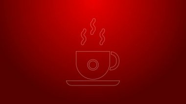 Yeşil çizgi kahve fincanı simgesi kırmızı arkaplanda izole edilmiş. Çay fincanı. Sıcak içecek kahvesi. 4K Video hareketli grafik canlandırması