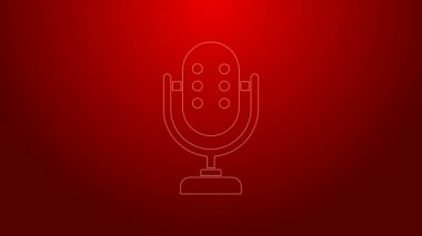 Yeşil çizgi mikrofon simgesi kırmızı arkaplanda izole edildi. Radyodaki mikrofondan. Sözcü işareti. 4K Video hareketli grafik canlandırması