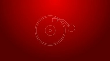 Kırmızı arkaplanda izole edilmiş vinil disk simgesi olan yeşil çizgi Vinil oynatıcısı. 4K Video hareketli grafik canlandırması