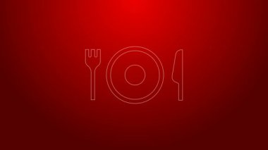 Kırmızı arka planda yeşil çizgi, çatal ve bıçak ikonu izole edildi. Çatal bıçak sembolü. Restoran tabelası. 4K Video hareketli grafik canlandırması