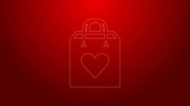 Kırmızı arka planda kalp ikonu olan yeşil çizgi alışveriş torbası. Alışveriş torbası sevgisi kalp ikonu gibidir. Sevgililer Günü sembolü. 4K Video hareketli grafik canlandırması