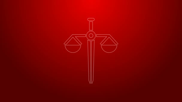 Línea verde Escalas de justicia icono aislado sobre fondo rojo. Símbolo del tribunal. Signo de balanza. Animación gráfica de vídeo 4K — Vídeos de Stock