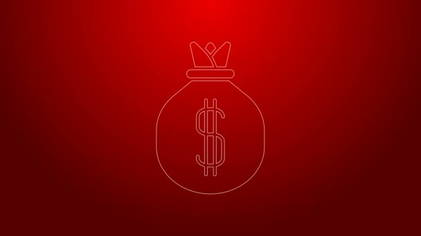 Linea verde Soldi borsa icona isolata su sfondo rosso. Dollaro o simbolo USD. Bancomat Banking segno di valuta. Animazione grafica 4K Video motion — Video Stock