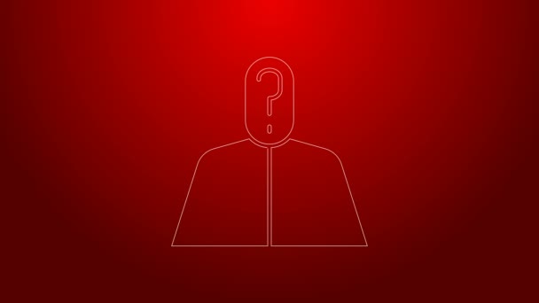 Green line Anonymous man with question mark icon isolated on red background. Unknown user, incognito profile, business secrecy, obscurity. 4K Video motion graphic animation — Stock Video