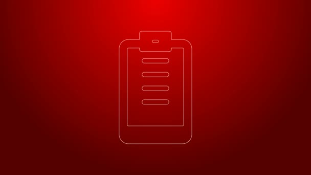 Green line Clipboard with checklist icon isolated on red background. Control list symbol. Survey poll or questionnaire feedback form. 4K Video motion graphic animation — Stock Video