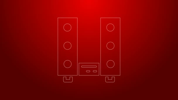 Zelená čára Domácí stereo s ikonou dvou reproduktorů izolované na červeném pozadí. Hudební systém. Grafická animace pohybu videa 4K — Stock video