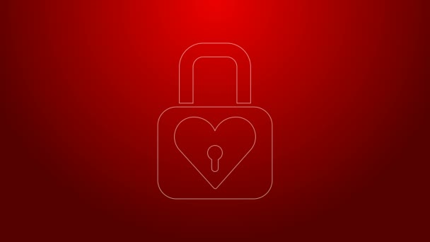 Zöld vonal Zár és szív ikon elszigetelt piros háttér. Bezárt Szív. Szerelem szimbólum és kulcslyuk jel. Valentin-napi szimbólum. 4K Videó mozgás grafikus animáció — Stock videók