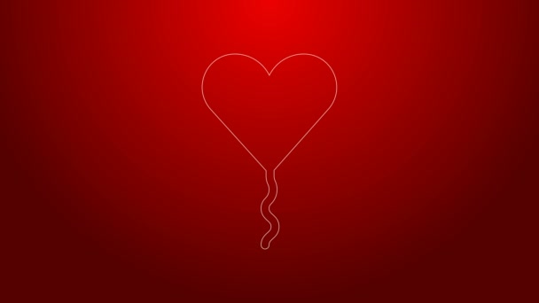 緑の線赤い背景にリボンのアイコンが隔離された心の形で気球。バレンタインデー。4Kビデオモーショングラフィックアニメーション — ストック動画