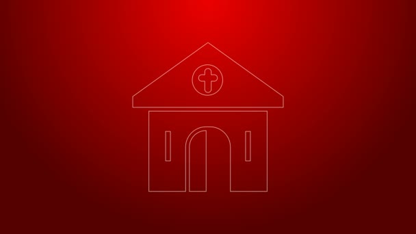 Ikon bangunan gereja garis hijau terisolasi dengan latar belakang merah. Gereja Kristen. Agama di gereja. Animasi grafis gerak Video 4K — Stok Video