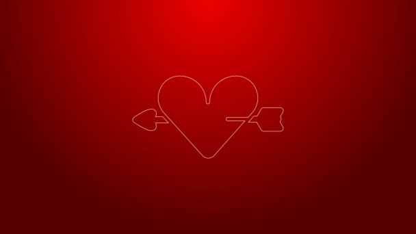 Green line Amour symbol with heart and arrow icon isolated on red background. Love sign. Valentines symbol. 4K Video motion graphic animation — Stock Video