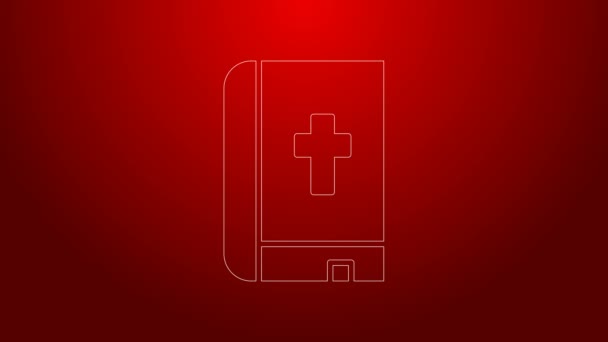 Línea verde Icono del libro de la Sagrada Biblia aislado sobre fondo rojo. Animación gráfica de vídeo 4K — Vídeo de stock