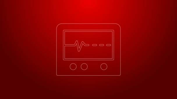 Zöld vonal Beat halott monitor ikon elszigetelt piros háttérrel. Az EKG halált mutat. 4K Videó mozgás grafikus animáció — Stock videók