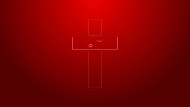 Зелена лінія Християнський хрест ізольовано на червоному тлі. Церковний хрест. 4K Відео рух графічна анімація — стокове відео