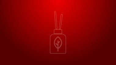 Kırmızı arkaplanda yeşil çizgi Aroma dağıtıcı simgesi izole edildi. Cam kavanoz, ahşap aroma çubuklarıyla farklı. 4K Video hareketli grafik canlandırması