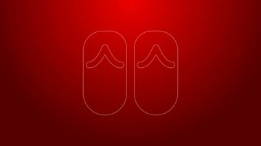 Yeşil çizgi terlik simgesi kırmızı arkaplanda izole edildi. Plaj terlikleri tabelası. 4K Video hareketli grafik canlandırması