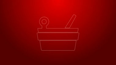 Yeşil çizgi sauna kovası ve kepçe simgesi kırmızı arkaplanda izole edilmiş. 4K Video hareketli grafik canlandırması