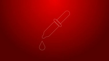 Yeşil çizgi Pipette simgesi kırmızı arkaplanda izole edildi. Tıbbi elementler, kimya laboratuarı ekipmanları. Damlalı boru. Tıp sembolü. 4K Video hareketli grafik canlandırması