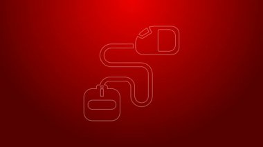 Kırmızı arka planda karabina simgesi olan yeşil çizgili geri çekilebilir ip tasması. Evcil köpek liderliği. Açık hava yürüyüşü için hayvan aksesuarı. 4K Video hareketli grafik canlandırması