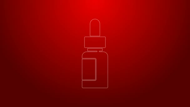 Зеленая линия Ессентукский значок бутылки масла изолирован на красном фоне. Органическая ароматерапия. Уход за кожей пакет сыворотки стекло. Видеографическая анимация 4K — стоковое видео