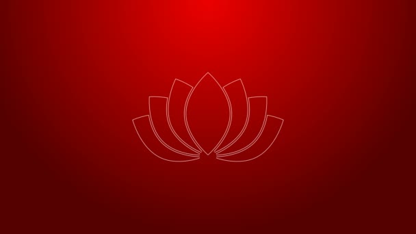Зелена лінія значок квітки Lotus ізольовано на червоному тлі. 4K Відео рух графічна анімація — стокове відео