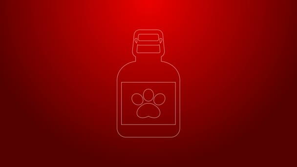 Πράσινη γραμμή Dog φάρμακο μπουκάλι εικονίδιο απομονώνονται σε κόκκινο φόντο. Δοχείο με χάπια. Συνταγογραφούμενα φάρμακα για ζώα. 4K Γραφική κίνηση κίνησης βίντεο — Αρχείο Βίντεο