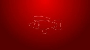 Yeşil çizgi Balık simgesi kırmızı arkaplanda izole edildi. 4K Video hareketli grafik canlandırması