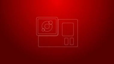 Yeşil çizgi Eylem aşırı kamera simgesi kırmızı arkaplanda izole edildi. Ekstrem sporları çekmek için video kamera ekipmanı. 4K Video hareketli grafik canlandırması