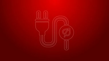 Kırmızı arkaplanda yeşil hat elektrik kaydedilen yaprak simgesi. Elektrik tasarrufu. Çevresel koruma. Biyolojik enerji. 4K Video hareketli grafik canlandırması