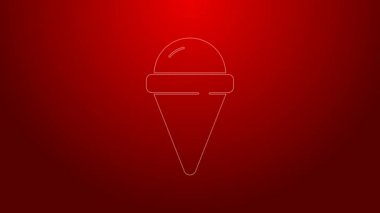 Kırmızı arka planda izole edilmiş waffle külahlı yeşil çizgi dondurma. Güzel sembol. 4K Video hareketli grafik canlandırması