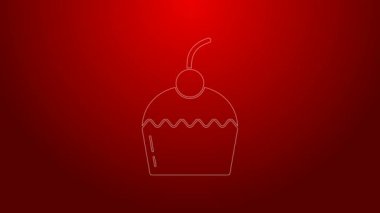 Kırmızı arkaplanda yeşil çizgi kek simgesi izole edildi. Doğum günün kutlu olsun. 4K Video hareketli grafik canlandırması