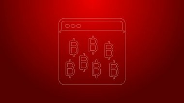 Yeşil çizgi kripto para birimi Bitcoin simgesi kırmızı arkaplanda izole edildi. Madeni para. Engelleme zinciri tabanlı şifreli para birimi. 4K Video hareketli grafik canlandırması