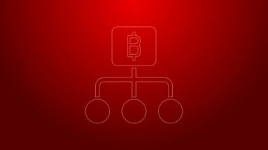 Yeşil çizgi engelleme teknolojisi Bitcoin simgesi kırmızı arkaplanda izole edildi. Soyut geometrik blok zincir ağ teknolojisi işi. 4K Video hareketli grafik canlandırması