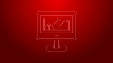 Borsa büyüme grafikleri ve kırmızı zemin üzerinde izole edilmiş para simgesi olan yeşil çizgi bilgisayarı. Ekranda ok grafikleri olan bir monitör. 4K Video hareketli grafik canlandırması