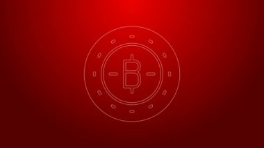 Yeşil çizgi kripto para birimi Bitcoin simgesi kırmızı arkaplanda izole edildi. Madeni para. Engelleme zinciri tabanlı şifreli para birimi. 4K Video hareketli grafik canlandırması