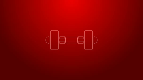 Línea verde Icono de Dumbbell aislado sobre fondo rojo. Icono de levantamiento muscular, barra de fitness, gimnasio, equipo deportivo, bumbbell ejercicio. Animación gráfica de vídeo 4K — Vídeo de stock