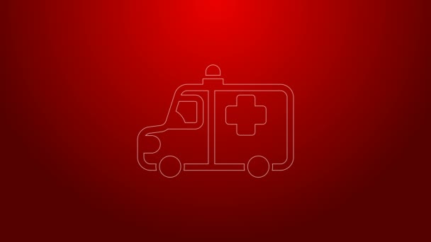 Línea verde Icono de ambulancia y coche de emergencia aislado sobre fondo rojo. Evacuación médica de vehículos de ambulancia. Animación gráfica de vídeo 4K — Vídeos de Stock