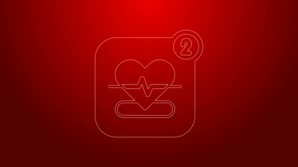 Zelená linka Smartphone s ikonou funkce monitoru srdeční frekvence izolované na červeném pozadí. Grafická animace pohybu videa 4K — Stock video