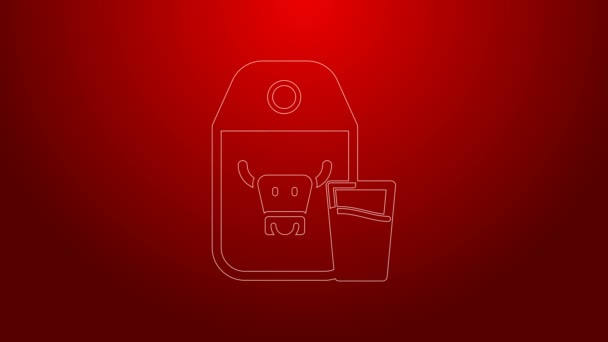 Green line Paper package for milk and glass icon isolated on red background. Milk packet sign. 4K Video motion graphic animation — Stock Video