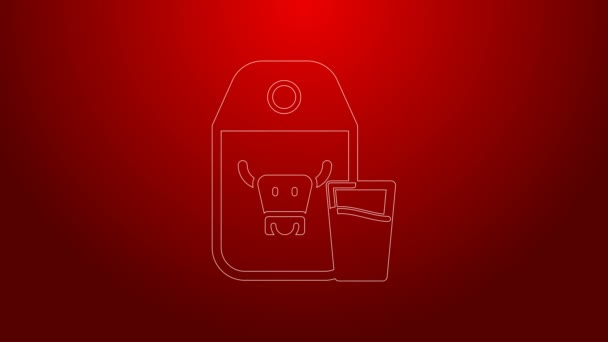 Línea verde Paquete de papel para la leche y el icono de vidrio aislado sobre fondo rojo. Señal de paquete de leche. Animación gráfica de vídeo 4K — Vídeo de stock