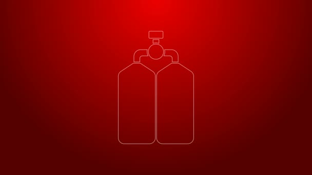 Green line Aqualung icon isolated on red background. Oxygen tank for diver. Diving equipment. Extreme sport. Diving underwater equipment. 4K Video motion graphic animation — Stock Video